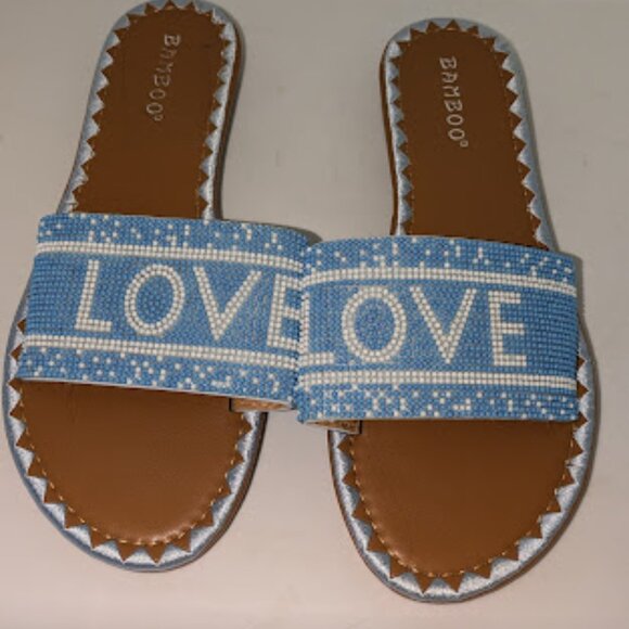 Bamboo Blue and White Beaded Open Toe Slip On Slide Sandals Women's Size 8 NWT - Picture 1 of 7